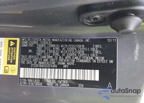 2012 Lexus Rx 350 из США, поврежденный, VIN 2T2ZK1BA5CC074484